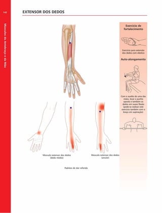 Músculos
do
Antebraço
e
da
M
ão
142 EXTENSOR DOS DEDOS
Músculo extensor dos dedos
(dedo médio)
Exercício de
fortalecim ento
Exercício para extensáo
dos dedos com elástico
Auto-alongam ento
■
Com o auxílio de uma das
máos, levar o punho
oposto e também os
dedos em suave flexáo
(pode-se realizar este
exercicio também com o
braço em supinação).
Músculo extensor dos
(anular)
Padróes de dor referida
 