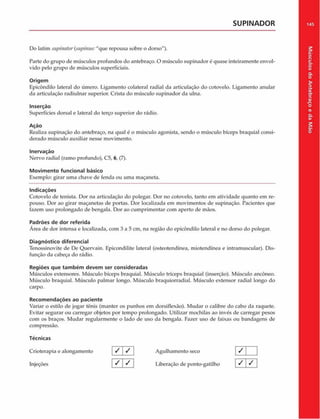 SUPINADOR
Do latim supinator{supinus:"que repousa sobre o dorso").
Parte do grupo de músculos profundos do antebraço. O músculo supinador é quase inteiramente envol­
vido pelo grupo de músculos superficiais.
Origem
Epicôndilo lateral do úmero. Ligamento colateral radial da articulação do cotovelo. Ligamento anular
da articulação radiulnar superior. Crista do músculo supinador da ulna.
Inserção
Superfícies dorsal e lateral do terço superior do rádio.
Ação
Realiza supinação do antebraço, na qual é o músculo agonista, sendo o músculo bíceps braquial consi­
derado músculo auxiliar nesse movimento.
Inervação
Nervo radial (ramo profundo), C5, 6, (7).
Movimento funcional básico
Exemplo: girar uma chave de fenda ou uma maçaneta.
Indicações
Cotovelo de tenista. Dor na articulação do polegar. Dor no cotovelo, tanto em atividade quanto em re­
pouso. Dor ao girar maçanetas de portas. Dor localizada em movimentos de supinação. Pacientes que
fazem uso prolongado de bengala. Dor ao cumprimentar com aperto de mãos.
Padrões de dor referida
Área de dor intensa e localizada, com 3 a 5 cm, na região do epicôndilo lateral e no dorso do polegar.
Diagnóstico diferencial
Tenossinovite de De Quervain. Epicondilite lateral (osteotendínea, miotendinea e intramuscular). Dis-
funçào da cabeça do rádio.
Regiões que tam bém devem ser consideradas
Músculos extensores. Músculo bíceps braquial. Músculo tríceps braquial (inserção). Músculo ancòneo.
Músculo braquial. Músculo palmar longo. Músculo braquiorradial. Músculo extensor radial longo do
carpo.
Recom endações ao paciente
Variar o estilo de jogar tênis (manter os punhos em dorsiflexão). Mudar o calibre do cabo da raquete.
Evitar segurar ou carregar objetos por tempo prolongado. Utilizar mochilas ao invés de carregar pesos
com os braços. Mudar regularmente o lado de uso da bengala. Fazer uso de faixas ou bandagens de
compressão.
Técnicas
Crioterapia e alongamento S S Agulhamento seco
Injeções | S | S ] Liberação de ponto-gatilho
/
/ /
145
Músculos
do
Antebraço
e
da
M
ão
 