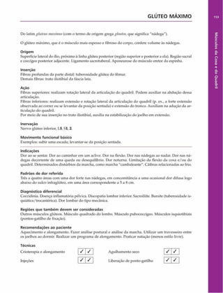 GLÚTEO M Á X IM O
Do latimgluteus maximus(com o termo de origem grega glontos, que significa "nádega").
O glúteo máximo, que é o músculo mais espesso e fibroso do corpo, confere volume às nádegas.
Origem
Superfície lateral do ílio, próximo ã linha glútea posterior (região superior e posterior a ela). Região sacral
e coccígea posterior adjacente. Ligamento sacrotuberal. Aponeurose do músculo eretor da espinha.
Inserção
Fibras profundas da parte distai: tuberosidade glútea do fêmur.
Demais fibras: trato iliotibial da fáscia lata.
Ação
Fibras superiores: realizam rotação lateral da articulação do quadril. Podem auxiliar na abdução dessa
articulação.
Fibras inferiores: realizam extensão e rotação lateral da articulação do quadril (p. ex., a forte extensão
observada ao correr ou se levantar da posição sentada) e extensão do tronco. Auxiliam na adução da ar­
ticulação do quadril.
Por meio de sua inserção no trato iliotibial, auxilia na estabilização do joelho em extensão.
Inervação
Nervo glúteo inferior, 1.5, Sl, 2.
Movimento funcional básico
Exemplos: subir uma escada; levantar-se da posição sentada.
Indicações
Dor ao se sentar. Dor ao caminhar em um aclive. Dor na flexão. Dor nas nádegas ao nadar. Dor nas ná­
degas decorrente de uma queda ou desequilíbrio. Dor noturna. Limitação da flexão da coxa e/ou do
quadril. Determinados distúrbios da marcha, como marcha "cambaleante". Cãibras relacionadas ao frio.
Padrões de dor referida
Três a quatro áreas com uma dor forte nas nádegas, em concomitância a uma ocasional dor difusa logo
abaixo do sulco infraglúteo, em uma área correspondente a 5 a 8 cm.
Diagnóstico diferencial
Coccidinia. Doença inflamatória pélvica. Discopatia lombar inferior. Sacroiliíte. Bursite (tuberosidade is-
quiática/trocantérica). Dor lombar do tipo mecânica.
Regiões que tam bém devem ser consideradas
Outros músculos glúteos. Músculo quadrado do lombo. Músculo pubococcígeo. Músculos isquiotibiais
(pontos-gatilho de fixação).
Recom endações ao paciente
Aquecimento e alongamento. Fazer análise postural e análise da marcha. Utilizar um travesseiro entre
os joelhos ao dormir. Realizar um programa de alongamento. Praticar natação (menos estilo livre).
Técnicas
Crioterapia e alongamento / / Agulhamento seco V /
153
Músculos
da
Coxa
e
do
Quadril
 