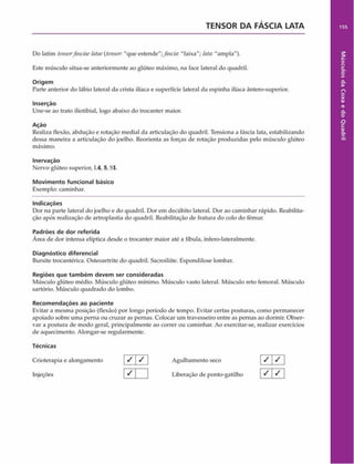 TENSOR DA FASCIA LATA
Do latim tensorfascinelatae(tensor. "que estende";fascia. "faixa"; latir, "ampla").
Este músculo situa-se anteriormente ao glúteo máximo, na face lateral do quadril.
Origem
Parte anterior do lábio lateral da crista ilíaca e superfície lateral da espinha ilíaca ântero-superior.
Inserção
Une-se ao trato iliotibial, logo abaixo do trocanter maior.
Ação
Realiza flexão, abdução e rotação mediai da articulação do quadril. Tensiona a fáscia lata, estabilizando
dessa maneira a articulação do joelho. Reorienta as forças de rotação produzidas pelo músculo glúteo
máximo.
Inervação
Nervo glúteo superior, 1.4, 5, Sl.
Movimento funcional básico
Exemplo: caminhar.
Indicações
Dor na parte lateral do joelho e do quadril. Dor em decúbito lateral. Dor ao caminhar rápido. Reabilita­
ção após realização de artroplastia do quadril. Reabilitação de fratura do colo do fêmur.
Padrões de dor referida
Área de dor intensa elíptica desde o trocanter maior até a fíbula, ínfero-lateralmente.
Diagnóstico diferencial
Bursite trocantérica. Osteoartrite do quadril. Sacroiliíte. Espondilose lombar.
Regiões que tam bém devem ser consideradas
Músculo glúteo médio. Músculo glúteo mínimo. Músculo vasto lateral. Músculo reto femoral. Músculo
sartório. Músculo quadrado do lombo.
Recom endações ao paciente
Evitar a mesma posição (flexão) por longo período de tempo. Evitar certas posturas, como permanecer
apoiado sobre uma perna ou cruzar as pernas. Colocar um travesseiro entre as pernas ao dormir. Obser­
var a postura de modo geral, principalmente ao correr ou caminhar. Ao exercitar-se, realizar exercícios
de aquecimento. Alongar-se regularmente.
Técnicas
Crioterapia e alongamento / | / | Agulhamento seco
Injeções  ^  1 Liberação de ponto-gatilho
/ /
/ /
155
Músculos
da
Coxa
e
do
Quadril
 