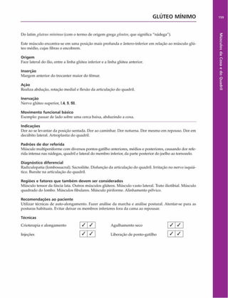 GLUTEO M IN IM O
Do alm gluteus ntinimus(com o termo de origem grega gloutos, que significa "nádega").
Este músculo encontra-se em uma posição mais profunda e ântero-inferior em relação ao músculo glú­
teo médio, cujas fibras o encobrem.
Origem
Face lateral do ílio, entre a linha glútea inferior e a linha glúten anterior.
Inserção
Margem anterior do trocanter maior do fêmur.
Ação
Realiza abdução, rotação mediai e flexão da articulação do quadril.
Inervação
Nervo glúteo superior, 1.4, 5, Sl.
Movimento funcional básico
Exemplo: passar de lado sobre uma cerca baixa, abduzindo a coxa.
Indicações
Dor ao se levantar da posição sentada. Dor ao caminhar. Dor noturna. Dor mesmo em repouso. Dor em
decúbito lateral. Artroplastia do quadril.
Padrões de dor referida
Músculo multipeniforme com diversos pontos-gatilho anteriores, médios e posteriores, causando dor refe­
rida intensa nas nádegas, quadril e lateral do membro inferior, da parte posterior do joelho ao tornozelo.
Diagnóstico diferencial
Radiculopatia (lombossacral). Sacroiliíte. Disfunção da articulação do quadril. Irritação no nervo isquiá-
tico. Bursite na articulação do quadril.
Regiões e fatores que tam bém devem ser considerados
Músculo tensor da fáscia lata. Outros músculos glúteos. Músculo vasto lateral. Trato iliotibial. Músculo
quadrado do lombo. Músculos fibulares. Músculo piriforme. Alinhamento pélvico.
Recom endações ao paciente
Utilizar técnicas de auto-alongamento. Fazer análise da marcha e análise postural. Atentar-se para as
posturas habituais. Evitar deixar os membros inferiores fora da cama ao repousar.
Técnicas
Crioterapia e alongamento / / Agulhamento seco j / / j
Injeções / | / Liberação de ponto-gatilho ^ ^
159
Músculos
da
Coxa
e
do
Quadril
 