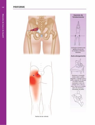 Músculos
da
Coxa
e
do
Quadril
160 PIRIFORME
Exercício de
fortalecim ento
Contração isométrica dos
glúteos em pé com
os membros infenores
afastados.
Auto-alongam ento
Posicionar o tornozelo
direito sobre o joelho
esquerdo e, devagar, levar o
joelho esquerdo em direção
ao ombro esquerdo,
mantendo o sacro em
contato com o solo ou
mesa. Deve-se ter cuidado
para não tensionar a
articulação do joelho.
 