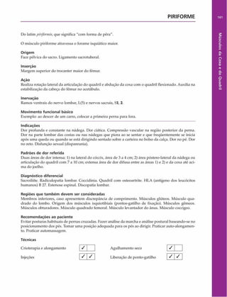 PIRIFORME 161
Do latim piriforniis, que significa "com forma de pêra".
O músculo piriforme atravessa o forame isquiático maior.
Origem
Face pélvica do sacro. Ligamento sacrotuberal.
Inserção
Margem superior do trocanter maior do fêmur.
Ação
Realiza rotação lateral da articulação do quadril e abdução da coxa com o quadril flexionado. Auxilia na
estabilização da cabeça do fêmur no acetábulo.
Inervação
Ramos ventrais do nervo lombar, 1.(5) e nervos sacrais, S l, 2.
Movimento funcional básico
Exemplo: ao descer de um carro, colocar a primeira perna para fora.
Indicações
Dor profunda e constante na nádega. Dor ciática. Compressão vascular na região posterior da perna.
Dor na parte lombar das costas ou nas nádegas que piora ao se sentar e que freqüentemente se inicia
após uma queda ou quando se está dirigindo sentado sobre a carteira no bolso da calça. Dor no pé. Dor
no reto. Disfunção sexual (dispareunia).
Padrões de dor referida
Duas áreas de dor intensa: 1) na lateral do cóccix, área de 3 a 4 cm; 2) área póstero-lateral da nádega ou
articulação do quadril com 7 a 10 cm; extensa área dc dor difusa entre as áreas 1) e 2) e da coxa até aci­
ma do joelho.
Diagnóstico diferencial
Sacroiliíte. Radiculopatia lombar. Coccidinia. Quadril com osteoartrite. HLA (antígeno dos leucócitos
humanos) B 27. Estenose espinal. Discopatia lombar.
Regiões que tam bém devem ser consideradas
Membros inferiores, caso apresentem discrepância de comprimento. Músculos glúteos. Músculo qua­
drado do lombo. Origem dos músculos isquiotibiais (pontos-gatilho de fixação). Músculos gêmeos.
Músculos obturadores. Músculo quadrado femoral. Músculo levantador do ânus. Músculo coccígeo.
Recom endações ao paciente
Evitar posturas habituais de pernas cruzadas. Fazer análise da marcha e análise postural baseando-se no
posicionamento dos pés. Tomar uma posição adequada para os pés ao dirigir. Praticar auto-alongamen­
to. Praticar automassagem.
Técnicas
Crioterapia e alongamento S Agulhamento seco
Injeções S S Liberação de ponto-gatilho j S  S
Músculos
da
Coxa
e
do
Quadril
 