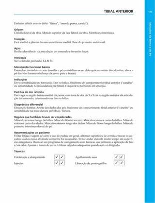 TIBIAL ANTERIOR 175
Do latim tibia/isanterior(tibia:"flauta", "osso da perna, canela").
Origem
Côndilo lateral da tíbia. Metade superior da face lateral da tíbia. Membrana interóssea.
Inserçào
Face mediai c plantar do osso cuneiforme mediai. Base do primeiro metatarsal.
Açáo
Realiza dorsiflexáo da articulação do tornozelo e inversão do pé.
Inervaçáo
Nervo fibular profundo, L4, 5, SI.
Movimento funcional básico
Exemplos: caminhar e correr (auxilia o pé a estabilizar-se no chão após o contato do calcanhar; eleva o
pé do chão durante o balanço da perna para a frente).
Indicações
Dor e sensibilidade no tornozelo. Dor no hálux. Síndrome do compartimento tibial anterior ("canelite"
ou sensibilidade na musculatura pré-tibial). Fraqueza no tornozelo em crianças.
Padrões de dor referida
Dor vaga na região ântero-medial da perna, com área de dor de 3 a 5 cm na região anterior da articula­
ção do tornozelo, culminando em dor no hálux.
Diagnóstico diferencial
Discopatia lombar. Artrite dos dedos dos pés. Síndrome do compartimento tibial anterior ("canelite" ou
sensibilidade na musculatura pré-tibial). Varizes.
Regiões que tam bém devem ser consideradas
Músculo extensor longo do hálux. Músculo fibular terceiro. Músculo extensor curto do hálux. Músculo
extensor curto dos dedos. Músculo extensor longo dos dedos. Músculo flcxor longo do hálux. Músculo
primeiro interósseo dorsal do pé.
Recom endações ao paciente
Evitar longas viagens de carro e uso de pedais em geral. Alternar superfícies de corrida e trocar os cal­
çados usados nessa atividade conforme for necessário. Evitar andar durante muito tempo em superfí­
cies irregulares. Realizar um programa de alongamento com técnicas que utilizem a aplicação de frio
e/ou calor. Ajustar o banco do carro. Utilizar calçados adequados quando estiver dirigindo.
Técnicas
Crioterapia e alongamento / V Agulhamento seco j / S ]
Injeções ^  S Liberação de ponto-gatilho ^ ^
Músculos
da
Perna
e
do
Pé
 