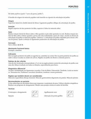 POPLÍTEO
Do latim popUteus(pop/es:"curva da perna, joelho").
O tendão de origem do músculo poplíteo está inserido na cápsula da articulação do joelho.
Origem
Superfície lateral do côndilo lateral do fêmur. Ligamento poplíteo oblíquo da articulação do joelho.
Inserção
Região superior da face posterior da tíbia, superior à linha do músculo sóleo.
Ação
Realiza rotação lateral do fêmur sobre a tíbia quando os pés estão apoiados no solo. Realiza rotação me­
diai da tíbia sobre o fêmur quando a perna não está sustentando o peso do corpo. Auxilia na flexão da
articulação do joelho (o músculo poplíteo "destrava" a articulação do joelho estendida para iniciar a fle­
xão da perna). Ajuda a reforçar os ligamentos posteriores da articulação do joelho.
Inervação
Nervo tibial, 1.4, 5, Sl.
Movimento funcional básico
Exemplo: caminhar.
Indicações
Dor na região posterior do joelho ao agachar-se, caminhar ou correr. Dor na parte posterior do joelho ao
subir e descer escadas ou andar em aclives. Rigidez no joelho em flexão e extensão passiva.
Padrões de dor referida
Área de dor localizada correspondente a 5 a 6 cm na região póstero-central da articulação do joelho com
uma dor difusa irradiada em todas as direções, especialmente para baixo.
Diagnóstico diferencial
Avulsão. Instabilidade nos ligamentos cruzados. Cisto de Baker. Osteoartrite. Tendinite. Lesão no menis­
co. Tenossinovite. Problemas vasculares (trombose, trombose venosa profunda).
Regiões que tam bém devem ser consideradas
Músculos isquiotibiais (bíceps femoral). Músculo gastroenêmio (ligamento da patela). Músculo plantar.
Recom endações ao paciente
Evitar sobrecarga em atividades físicas que requerem a sustentação do peso. Utilizar calçados ortopédicos.
Realizar um programa de alongamento. Manter uma posição correta ao andar de bicicleta.
Técnicas
Crioterapia e alongamento / / Agulhamento seco
Injeções [ S | | Liberação de ponto-gatilho
/ /
 