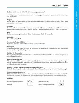 TIBIAL POSTERIOR
Do latim tibialisposterior(tibia:"flauta", "osso da perna, canela").
O tibial posterior é o músculo mais profundo da região posterior da perna, auxiliando na manutenção
dos arcos do pé.
Origem
Região lateral da face posterior da tíbia. Dois terços superiores da face posterior da fíbula. Maior parte
da membrana interóssea.
Inserção
Tuberosidade do osso navicular. Por meio de expansões fibrosas do sustentáculo do tálus, também nos
cuneiformes (mediai, intermédio e lateral), cubóide e bases do segundo, terceiro e quarto metatarsais.
Ação
Realiza inversão do pé. Auxilia na flexão plantar da articulação do tornozelo.
Inervação
Nervo tibial, L(4), 5, Sl.
Movimento funcional básico
Exemplos: erguer-se na ponta dos pés; pisar nos pedais do carro.
Indicações
Tendinite do tendão do calcãneo. Dor na panturrilha ou no calcanhar. Fascite plantar. Dor ao correr ou
caminhar sobre superfícies irregulares.
Padrões de dor referida
Dor vaga na panturrilha com intensidade aumentada no sentido do tendão do calcãneo, chegando ao
calcanhar e planta do pé.
Diagnóstico diferencial
"Canelite" (sensibilidade na musculatura pré-tibial). Síndrome do compartimento tibial posterior (pro­
funda). Ruptura de tendão. Tenossinovite. Problemas cardiovasculares. Tendinite do tendão do calcã­
neo. Trombose venosa profunda.
Regiões e fatores que tam bém devem ser considerados
Músculo flexor longo dos dedos. Músculos fibulares. Músculo flexor longo do hálux. Mecânica do pé.
Recom endações ao paciente
Utilizar palmilhas/suporte para o arco do pé. Trocar os tênis de corrida. Trocar a superfície de corrida.
Realizar um programa de alongamento em casa. Usar técnica de alongamento com aplicação de frio.
Técnicas
Crioterapia e alongamento / S Agulhamento seco
Injeções ________Liberação de ponto-gatilho [ S  S
 