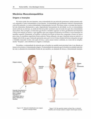 28 Pontos-Gatilho - Uma Abordagem Concisa
Mecânica Musculoesquelética
Origens e Inserções
Na maior parte dos movimentos, uma extremidade de um músculo permanece relativamente está­
vel, enquanto a outra extremidade se movimenta. A extremidade que permanece estável é denominada
origem do músculo, e a outra extremidade é denominada inserção. No nosso corpo, o arranjo dos fascícu-
los não determina diretamente a ação, dependendo basicamente da atividade, ou de as extremidades
serem estáveis ou móveis, ou ainda do fato de poder acontecer uma inversão da ação das extremidades
musculares. Por exemplo, os músculos que fixam o membro superior ao tórax geralmente movimentam
o braço em relação ao tronco, o que significa que suas origens localizam-se no tronco e suas inserções no
membro superior. Entretanto, ao realizar o exercício de tração na barra fixa, enquanto o tronco se move
para cima, os membros superiores ficam estáveis. Nessa situação, em que a inserção torna-se estável e a
origem móvel diz-se que o músculo apresenta uma açãoreversa.Como existem diversas situações em que
o trabalho muscular ocorre com ação reversa, e para causar menor confusão, às vezes diz-se simples­
mente "fixações", sem referência à origem e à inserção.
Na prática, a extremidade do músculo que se localiza no sentido mais proximal, isto é, cm direção ao
tronco ou no tronco, é denominada origem. A extremidade do músculo que se localiza no sentido mais dis­
tai, isto é, afastada da extremidade fixada de um membro, ou afastada do tronco, é denominada inserção.
Origem estável
Inserção (movimenta a
parte distai do corpo
para a origem
muscular e a
articulação sobre a
qual o músculo se
localiza)
Inserção
estável
i
Figura 1.31: Músculo trabalhando com origem Figura 1.32: No exercido tração na barra fixa. o músculo
estável e inserção móvel. trabalha com inserçáo estável e origem móvel (açáo reversa).
 
