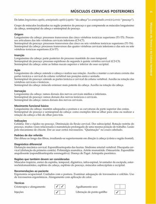 MÚSCULOS CERVICAIS POSTERIORES
Do latim longissinmscapitis,semispinaliscapitis(capitis:"da cabeça") e setnispinaliscervicis(cervix:"pescoço").
Grupo de músculos localizados na região posterior do pescoço e que compreende os músculos longuíssimo
da cabeça, semiespinal da cabeça e semiespinal do pescoço.
Origem
Longuíssimo da cabeça: processos transversos das cinco vértebras torácicas superiores (T1-T5). Proces­
sos articulares das três vértebras cervicais inferiores (C5-C7).
Semiespinal do pescoço: processos transversos das cinco ou seis vértebras torácicas superiores (T1-T6).
Semiespinal da cabeça: processos transversos das quatro vértebras cervicais inferiores e das seis ou sete
vértebras torácicas superiores (C4-T7).
Inserção
Longuíssimo da cabeça: parte posterior do processo mastóide do osso temporal.
Semiespinal do pescoço: processo espinhoso da segunda à quinta vértebra cervical (C2-C5).
Semiespinal da cabeça: entre as linhas nucais superior e inferior do osso occipital.
Ação
Longuíssimo da cabeça: estende a cabeça e realiza sua rotação. Auxilia a manter a curvatura correta das
partes torácica e cervical da coluna vertebral nas posições ereta e sentada.
Semiespinal do pescoço: estende as partes torácica e cervical da coluna vertebral. Auxilia na rotação das
vértebras cervicais e torácicas.
Semiespinal da cabeça: músculo extensor mais potente da cabeça. Auxilia na rotação da cabeça.
Inervação
Longuíssimo da cabeça: ramos dorsais dos nervos cervicais médios e inferiores.
Semiespinal do pescoço: ramos dorsais dos nervos torácicos e ccrvicais.
Semiespinal da cabeça: ramos dorsais dos nervos cervicais.
Movimento funcional básico
Longuíssimo da cabeça: mantém adequadas a postura e as curvaturas da parte superior das costas.
Semiespinal do pescoço e semiespinal da cabeça: como exemplos têm-se olhar para cima ou realizar a
rotação da cabeça a fim de olhar para trás.
Indicações
Cefaléia. Dor e rigidez no pescoço. Diminuição da flexão cervical. Dor suboccipital. Rotação restrita do
pescoço, muitas vezes relacionada à manutenção prolongada de uma mesma posição de trabalho. Lesão
pelo mecanismo de chicote. Dor ao usar certos travesseiros. "Queimação" no couro cabeludo.
Padrões de dor referida
Dor difusa ao longo das fibras, irradiando-se superiormente em direção à cabeça (crânio e região frontal).
Diagnóstico diferencial
Disfunção mecânica cervical. Espondiloartropatia das facetas. Síndrome arterial vertebral. Discopatia cer­
vical (disfunçãoda primeira costela). Polimialgia reumática. Artrite reumatóide. Osteoartrite. Espondilite
anquilosante (espondiloartropatia soronegativa). Doença de Paget. Artropatia psoriásica.
Regiões que também devem ser consideradas
Músculos trapézio, eretor da espinha, temporal, digástrico, infra-espinal, levantador da escápula, ester-
nocleidomastóideo, esplênio da cabeça, esplênio do pescoço, músculos suboccipitais e occipital.
Recomendações ao paciente
Ergonomia ocupacional. Cuidados com a postura. Examinar adequação de travesseiros e colchão. Uso
de travesseiros ergonômicos. Alongamento com aplicação de calor.
Técnicas
Crioterapia e alongamento
Injeções
/ / Agulhamento seco
/ Liberação de ponto-gatilho /
 