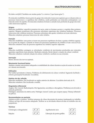 MULTÍFIDOS/ROTADORES
Do latim niultifidi("fendidos em muitas partes") e rotatores("que fazem girar").
Os músculos multífidos fazem parte do grupo dos músculos transverso-espinais que se situam entre os
processos transversos e o espinhoso das vértebras, sendo profundos aos músculos semiespinais e ao
músculo eretor da espinha. Os músculos rotadorcs formam a camada mais profunda do grupo dos mús­
culos transverso-espinais.
Origem
Músculos multífidos: superfície posterior do sacro, entre os forames sacrais e a espinha ilíaca póstero-
superior. Margens posteriores dos processos articulares superiores das vértebras lombares. Processos
transversos das vértebras torácicas. Processos articulares das quatro vértebras cervicais inferiores.
Músculos rotadores: processo transverso de cada vértebra.
Inserção
Músculos multífidos: uma parte se insere nos processos espinhosos de duas a quatro vértebras superio­
res ao ponto de origem; o restante se insere nos processos espinhosos da vértebra L5 até o áxis (L5-C2).
Músculos rotadores: base do processo espinhoso da vértebra superior adjacente.
Ação
Músculos multífidos: protegem as articulações vertebrais de movimentos produzidos por músculos
agonistas superficiais mais potentes. Realizam extensão, flexão lateral e rotação da coluna vertebral.
Músculos rotadores: realizam rotação da coluna vertebral e auxiliam na sua extensão.
Inervação
Ramos dorsais dos nervos espinais.
Movimento funcional básico
Ajudam a manter uma postura adequada e a estabilidade da coluna durante as ações de sentar-se, levantar-
se e demais movimentos.
Indicações
Dor lombar persistente e intensa. Problemas de alinhamento da coluna vertebral. Segmento facilitado -
eritema paraespinal localizado. Coccidinia.
Padrões de dor referida
Músculos multífidos: Dor localizada na região anterior do abdome. Coccidinia derivada de Sl.
Músculos rotadores: Dor localizada e mediai.
Diagnóstico diferencial
Angina. Dor visceral. Radiculopatia. Dor ligamentar, sacroilíaca e discogênica. Problemas envolvendo o
músculo piriforme.
Patológico: aneurisma da artéria aorta. Patologia visceral. Lesões que ocupam espaço. Doença inflamató-
ria pélvica.
Recom endações ao paciente
Atentar-se para a postura. Verificar presença de cifose decorrente de postura inadequada no trabalho.
Utilizar um tipo de travesseiro adequado. Verificar se as atividades desenvolvidas no trabalho não são
prejudiciais.
Técnicas
Crioterapia e alongamento / / Agulhamento seco
Injeções | S  S | Liberação de ponto-gatilho
/ /
/ /
 