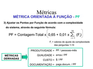 Métricas MÉTRICA ORIENTADA À FUNÇÃO -  PF 3) Ajustar os Pontos por Função de acordo com a complexidade  do sistema, através da seguinte fórmula: F i  = valores de ajuste da complexidade das perguntas 1-14 MÉTRICAS DERIVADAS PF = Contagem-Total x  0,65 + 0,01 x  (F i ) 14 i = 1 PRODUTIVIDADE =  QUALIDADE =  CUSTO =  DOCUMENTAÇÃO =  PF / pessoas-mês  erros / PF  $ / PF  pags.docum. / PF  