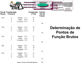 Determinação de Pontos de Função Brutos Arquivos de  Interface Externa Entrada Externa Saída Externa Consulta Externa Aplicativo Outros  Aplicativos Saída Externa Entrada Externa Consulta Externa Arquivo Lógico Interno 