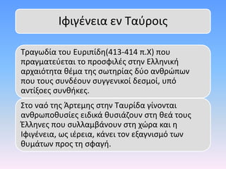 Ιφιγένεια εν Ταύροις
Τραγωδία του Ευριπίδη(413-414 π.Χ) που
πραγματεύεται το προσφιλές στην Ελληνική
αρχαιότητα θέμα της σωτηρίας δύο ανθρώπων
που τους συνδέουν συγγενικοί δεσμοί, υπό
αντίξοες συνθήκες.
Στο ναό της Άρτεμης στην Ταυρίδα γίνονται
ανθρωποθυσίες ειδικά θυσιάζουν στη θεά τους
Έλληνες που συλλαμβάνουν στη χώρα και η
Ιφιγένεια, ως ιέρεια, κάνει τον εξαγνισμό των
θυμάτων προς τη σφαγή.
 