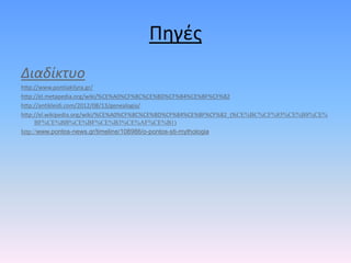 Πηγές
Διαδίκτυο
http://www.pontiakilyra.gr/
http://el.metapedia.org/wiki/%CE%A0%CF%8C%CE%BD%CF%84%CE%BF%CF%82
http://antikleidi.com/2012/08/13/genealogia/
http://el.wikipedia.org/wiki/%CE%A0%CF%8C%CE%BD%CF%84%CE%BF%CF%82_(%CE%BC%CF%85%CE%B8%CE%
BF%CE%BB%CE%BF%CE%B3%CE%AF%CE%B1)
http://www.pontos-news.gr/timeline/108986/o-pontos-sti-mythologia
 