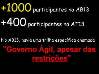 +1000 participantes no AB13
+400 participantes no AT13
No AB13, havia uma trilha específica chamada

“Governo Ágil, apesar das
restrições”

 