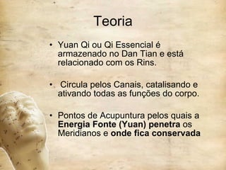 Teoria Yuan Qi ou Qi Essencial é armazenado no Dan Tian e está relacionado com os Rins. Circula pelos Canais, catalisando e ativando todas as funções do corpo. Pontos de Acupuntura pelos quais a  Energia Fonte (Yuan) penetra  os Meridianos e  onde fica conservada   