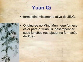 Yuan Qi forma dinamicamente ativa de JING.  Origina-se no Ming Men,  que fornece calor para o Yuan Qi  desempenhar suas funções (ex: ajudar na formação de Xue).  