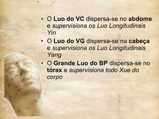O  Luo do VC  dispersa-se no  abdome  e  supervisiona os Luo Longitudinais Yin O  Luo do VG  dispersa-se na  cabeça  e  supervisiona os Luo Longitudinais Yang O  Grande Luo do BP  dispersa-se no  tórax  e  supervisiona todo Xue do corpo 