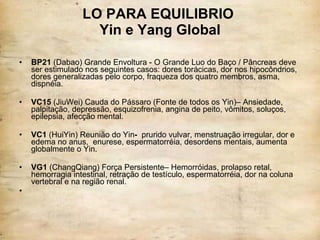 LO PARA EQUILIBRIO  Yin e Yang Global BP21  (Dabao) Grande Envoltura - O Grande Luo do Baço / Pâncreas deve ser estimulado nos seguintes casos: dores torácicas, dor nos hipocôndrios, dores generalizadas pelo corpo, fraqueza dos quatro membros, asma, dispnéia.   VC15  (JiuWei) Cauda do Pássaro (Fonte de todos os Yin)– Ansiedade, palpitação, depressão, esquizofrenia, angina de peito, vômitos, soluços, epilepsia, afecção mental.   VC1  (HuiYin) Reunião do Yin -  prurido vulvar, menstruação irregular, dor e edema no anus,  enurese, espermatorréia, desordens mentais, aumenta globalmente o Yin.  VG1  (ChangQiang) Força Persistente– Hemorróidas, prolapso retal, hemorragia intestinal, retração de testículo, espermatorréia, dor na coluna vertebral e na região renal. 
