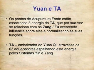 Yuan e TA <ul><li>Os pontos de Acupuntura Fonte estão associados à energia do  TA , que por sua vez se relaciona com os  Z...