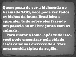 Quem gosta de ver a bicharada no Gramado ZOO, você pode ver todos os bichos da fauna Brasileira e aprender tudo sobre eles fazendo um passeio ao ar livre junto com os animais.   Para matar a fome, após tudo isso, você pode encontrar pela cidade cafés coloniais oferecendo a  você uma comida típica da região.