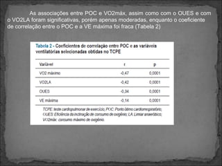 As associações entre POC e VO2máx, assim como com o OUES e com
o VO2LA foram significativas, porém apenas moderadas, enquanto o coeficiente
de correlação entre o POC e a VE máxima foi fraca (Tabela 2)
 