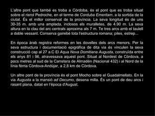 L’altre pont que també es troba a Còrdoba, és el pont que es troba situat sobre el rierol Pedroche, en el terme de  Corduba Emeritam , a la sortida de la ciutat. És el millor conservat de la província. La seva longitud és de uns 30-35 m. amb una amplada, inclosos els muralletes, de 4.90 m. La seva altura en la clau del arc centrals aproxima als 7 m. Te tres arcs amb el taulell a doble vessant. Conserva gairebé tota l'estructura romana; piles, estrep...  En època àrab registra reformes en les dovelles dels arcs menors. Per la seva estructura i documentació epigráfica de dita via és vinculen la seva construcció cap al 27 a.C El  Aqua Nova Domitiana Augusta , construïda entre els anys 81 i 96, atravessava aquest pont. Situat al Nordest de Còrdova, a pocs metres al sud de la Carretera de Almadén (Nacional 432) i al Nord de la línia fèrria Còrdova-Andújar, a 2,8 km de Còrdova.  Un altre pont de la província és el pont Mocho sobre el Guadalmellato. En la via  Augusta  a la mansió  ad Decumo , desena milla. És un pont de deu arcs i rasant plana, datat en l’època d'August. 