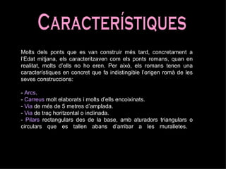 Característiques Molts dels ponts que es van construir més tard, concretament a l’Edat mitjana, els caracteritzaven com els ponts romans, quan en realitat, molts d’ells no ho eren. Per això, els romans tenen una característiques en concret que fa indistingible l’origen romà de les seves construccions: -  Arcs . -  Carreus  molt elaborats i molts d’ells encoixinats. -  Via  de més de 5 metres d’amplada. -  Via  de traç horitzontal o inclinada.  -  Pilars  rectangulars des de la base, amb aturadors triangulars o circulars que es tallen abans d’arribar a les muralletes.  