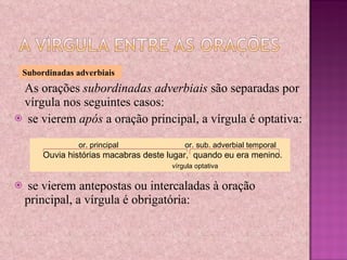 As orações  subordinadas adverbiais  são separadas por vírgula nos seguintes casos: se vierem  após  a oração principal, a vírgula é optativa: se vierem antepostas ou intercaladas à oração principal, a vírgula é obrigatória: Subordinadas adverbiais   or. principal   or. sub. adverbial temporal Ouvia histórias macabras deste lugar,  quando eu era menino. vírgula optativa 