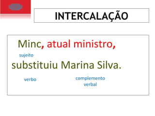 INTERCALAÇÃO
Minc, atual Ministro, substituiu Marina Silva.Minc, atual ministro,
substituiu Marina Silva.
sujeito
verbo complemento
verbal
 