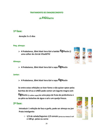 28
TRATAMENTO DE EMAGRECIMENTO
LR‐FIGUAKTIV
1ª fase: 
duração 3 a 5 dias
Peq. almoço:   
4 Probalance, 30ml Aloé Vera Gel e batido figuactiv (200ml), 
uma colher de chá de VItaAKTIV
Almoço: 
4 Probalance, 30ml Aloé Vera Gel e sopa figuactiv 
Jantar: 
4 Probalance, 30ml Aloé Vera Gel e sopa figuactiv 
Se entre estas refeições se tiver fome e não quiser optar pelas 
barritas de LR ou o LINÉE pode comer um iogurte magro com 
figuactiv (1 colher sopa) ou uma peça de fruta de preferência maçã 
ou pêra ou bolachas de água e sal e um queijo fresco.
2ª fase:
Introduzir 1 refeição de faca e garfo, pode ser almoço ou jantar,  
Prato inteligente:
o 1/3 de salada/legumes 1/3 cereais (arroz ou massa 2 colheres) 
e 100 gr. peixe ou carne
 