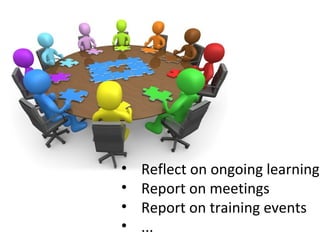 • Reflect on ongoing learning
• Report on meetings
• Report on training events
• ...
 