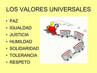 LOS VALORES UNIVERSALES PAZ IGUALDAD JUSTICIA HUMILDAD SOLIDARIDAD TOLERANCIA RESPETO 