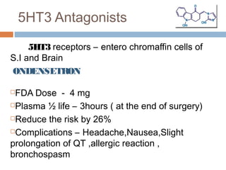 5HT3 Antagonists
5HT3 receptors – entero chromaffin cells of
S.I and Brain
ONDENSETRON
FDA Dose - 4 mg
Plasma ½ life – 3hours ( at the end of surgery)
Reduce the risk by 26%
Complications – Headache,Nausea,Slight
prolongation of QT ,allergic reaction ,
bronchospasm
 