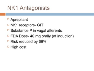 NK1 Antagonists
 Aprepitant
 NK1 receptors- GIT
 Substance P in vagal afferents
 FDA Dose- 40 mg orally (at induction)
 Risk reduced by 69%
 High cost
 