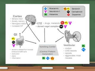 • Further interactions occur with the nucleus tractus solitarius and the
chemoreceptor trigger zone (CTZ)
• CTZ is located in Area postrema, a circumventricular organ at the
bottom of the fourth ventricle
• The CTZ is outside the blood-brain barrier and in contact with
cerebrospinal fluid (CSF).
• The CTZ enables substances in the blood and CSF to interact
 