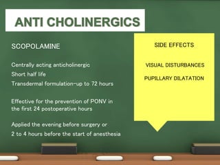 SCOPOLAMINE
Centrally acting anticholinergic
Short half life
Transdermal formulation-up to 72 hours
Effective for the prevention of PONV in
the first 24 postoperative hours
Applied the evening before surgery or
2 to 4 hours before the start of anesthesia
SIDE EFFECTS
VISUAL DISTURBANCES
PUPILLARY DILATATION
 