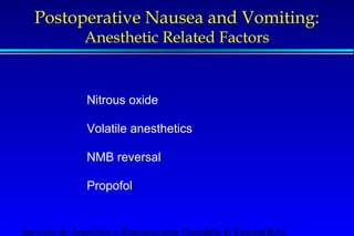 Postoperative Nausea and Vomiting: 
Anesthetic Related Factors 
Nitrous oxide 
Volatile anesthetics 
NMB reversal 
Propofol 
Servizio di Anestesia e Rianimazione Ospedale di Faenza(RA) 
 