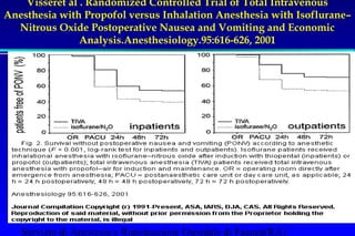 Visseret al . Randomized Controlled Trial of Total Intravenous 
Anesthesia with Propofol versus Inhalation Anesthesia with Isoflurane– 
Nitrous Oxide Postoperative Nausea and Vomiting and Economic 
Analysis.Anesthesiology.95:616-626, 2001 
Servizio di Anestesia e Rianimazione Ospedale di Faenza(RA) 
 