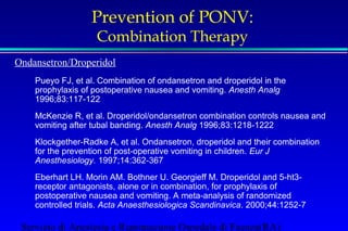 Prevention of PONV: 
Combination Therapy 
Ondansetron/Droperidol 
Pueyo FJ, et al. Combination of ondansetron and droperidol in the 
prophylaxis of postoperative nausea and vomiting. Anesth Analg 
1996;83:117-122 
McKenzie R, et al. Droperidol/ondansetron combination controls nausea and 
vomiting after tubal banding. Anesth Analg 1996;83:1218-1222 
Klockgether-Radke A, et al. Ondansetron, droperidol and their combination 
for the prevention of post-operative vomiting in children. Eur J 
Anesthesiology. 1997;14:362-367 
Eberhart LH. Morin AM. Bothner U. Georgieff M. Droperidol and 5-ht3- 
receptor antagonists, alone or in combination, for prophylaxis of 
postoperative nausea and vomiting. A meta-analysis of randomized 
controlled trials. Acta Anaesthesiologica Scandinavica. 2000;44:1252-7 
Servizio di Anestesia e Rianimazione Ospedale di Faenza(RA) 
 