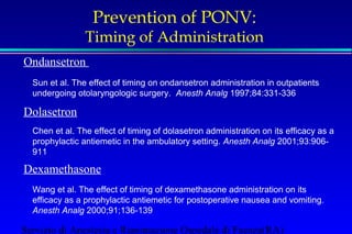 Prevention of PONV: 
Timing of Administration 
Ondansetron 
Sun et al. The effect of timing on ondansetron administration in outpatients 
undergoing otolaryngologic surgery. Anesth Analg 1997;84:331-336 
Dolasetron 
Chen et al. The effect of timing of dolasetron administration on its efficacy as a 
prophylactic antiemetic in the ambulatory setting. Anesth Analg 2001;93:906- 
911 
Dexamethasone 
Wang et al. The effect of timing of dexamethasone administration on its 
efficacy as a prophylactic antiemetic for postoperative nausea and vomiting. 
Anesth Analg 2000;91;136-139 
Servizio di Anestesia e Rianimazione Ospedale di Faenza(RA) 
 