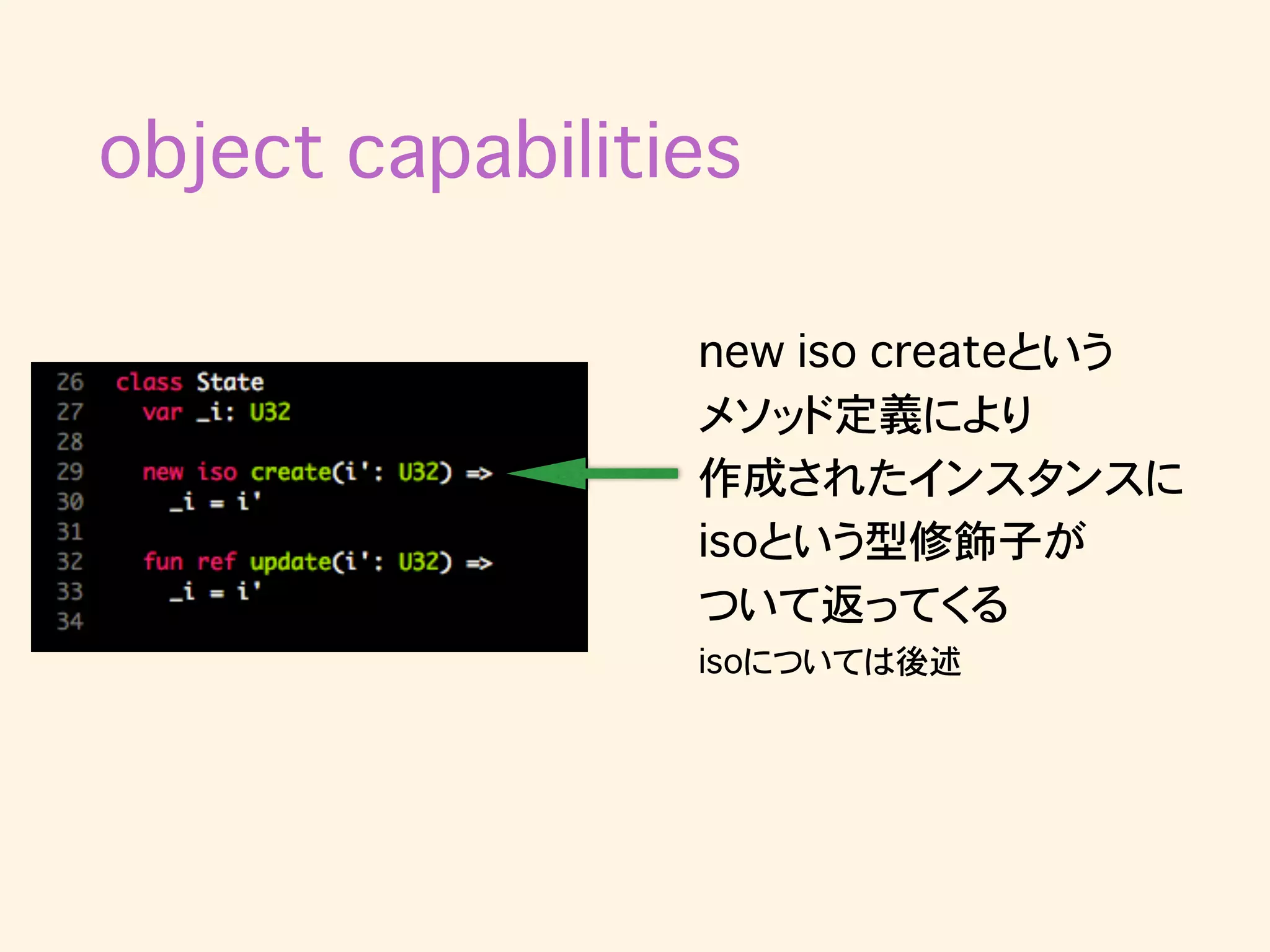 new iso createという
メソッド定義により
作成されたインスタンスに
isoという型修飾子が
ついて返ってくる
isoについては後述
object capabilities
 