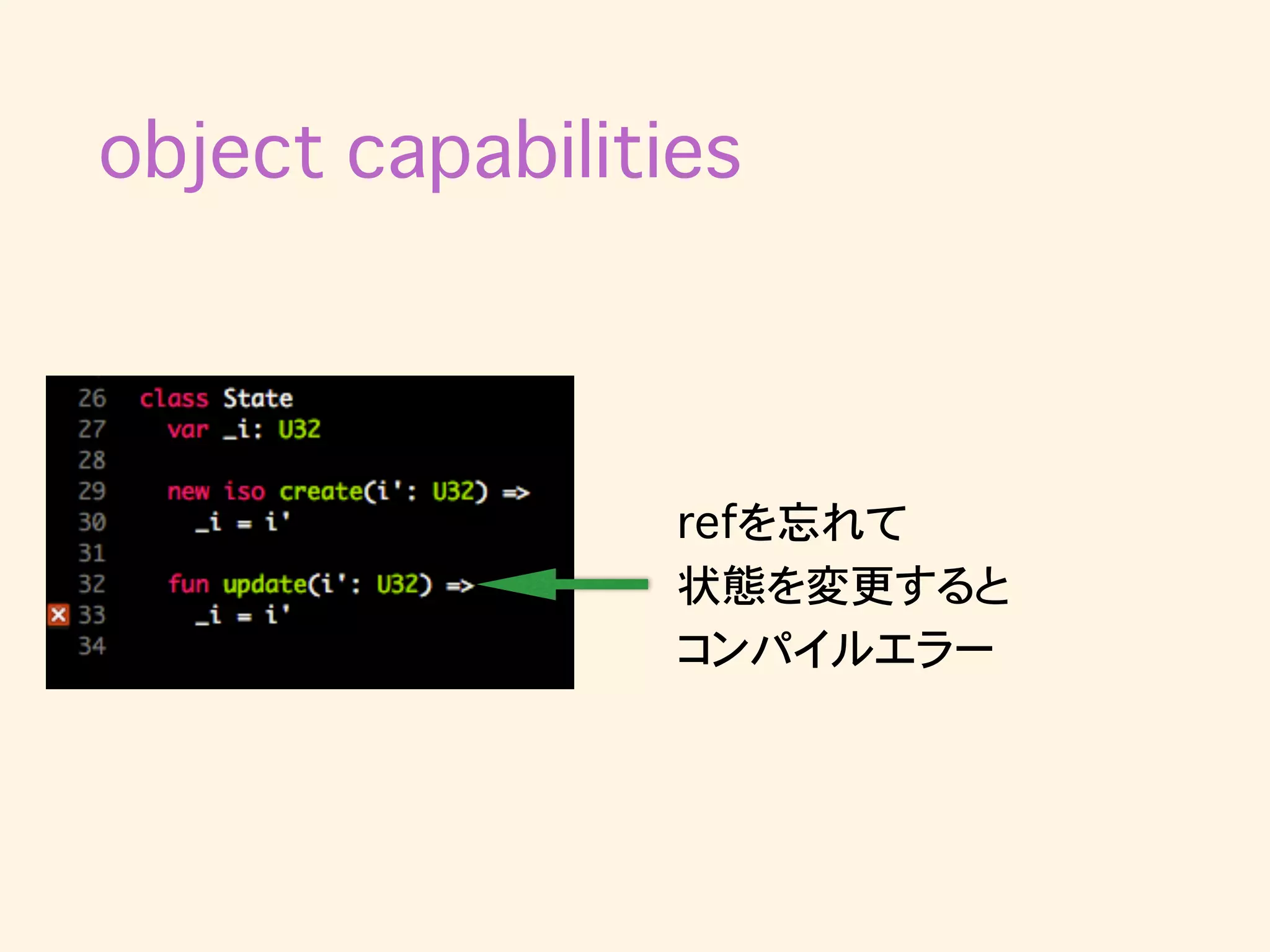 refを忘れて
状態を変更すると
コンパイルエラー
object capabilities
 
