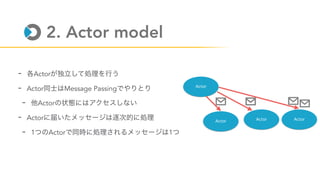 2. Actor model
- Actor
- Actor Message Passing
- Actor
- Actor
- 1 Actor 1
Actor
Actor ActorActor
 