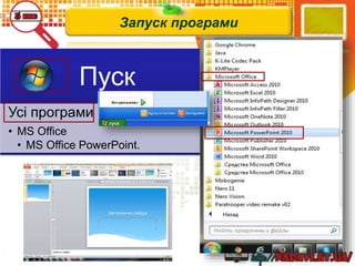 Запуск програми
Пуск
Усі програми
• MS Office
• MS Office PowerPoint.
 