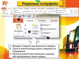 Чашук О.Ф., вчитель
інформатики ЗОШ№23, м.Луцьк
Рядковий інтерфейс
1. Вкладки створено для виконання завдань.
2. Групи в кожній вкладці ділять завдання на
підзавдання.
3. Кнопки в кожній групі виконують команду
або відображають меню команд



 