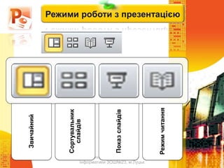 Чашук О.Ф., вчитель
інформатики ЗОШ№23, м.Луцьк
Звичайний
Сортувальник
слайдів
Показслайдів
Режимчитання
Режими роботи з презентацією
 