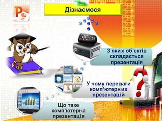 Дізнаємося
Чашук О.Ф., вчитель
інформатики ЗОШ№23, м.Луцьк
Що таке
комп'ютерна
презентація
У чому переваги
комп’ютерних
презентацій
З яких об’єктів
складається
презентація
 