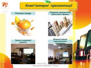 Чашук О.Ф., вчитель
інформатики ЗОШ№23, м.Луцьк
Реклама товару
Подання результатів
діяльності фірми
Захист наукової
роботи
Демонстрація
навчального
матеріалу
Комп’ютерні презентації
 