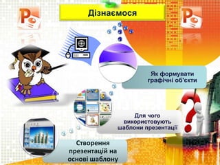 Дізнаємося
Створення
презентацій на
основі шаблону
Для чого
використовують
шаблони презентації
Як формувати
графічні об'єкти
 