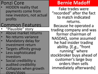 •HIDDEN reality that payments come from new investors, not actual profits 
Common Features 
Ponzi Core 
•“Plausible” story 
•Above market returns 
•No returns variance 
•Mandatory delay for investment return 
•Targets affinity group 
•Less sophisticated investors 
•Social credibility v. audited credibility 
•Collapses when growth slows/stops 
Fake trades were “recorded” after the fact to match indicated returns. Because he operated a trading company and was former chairman of NASDAQ, some assumed he had insider trading ability. [E.g., “front running” where stockbroker buys ahead of customer’s large buy orders then sells immediately afterwards] 
Bernie Madoff  